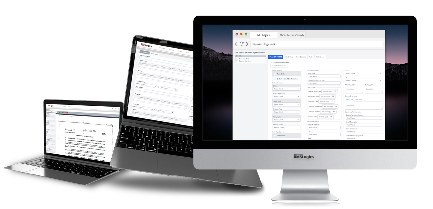 RMS Logics displayed on 2 laptops and one desktop monitor.